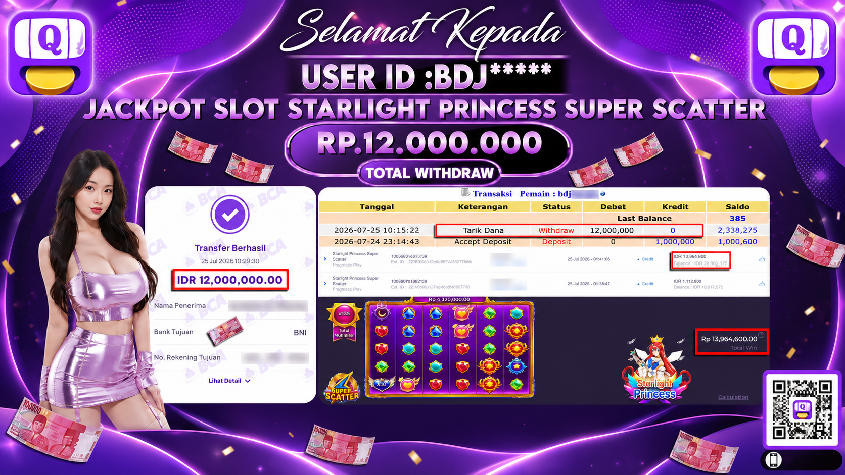 Bukti Pembayaran Jackpot SLOT STARLIGHT PRINCESS SUPER SCATTER ID:BDJ****LUNAS
