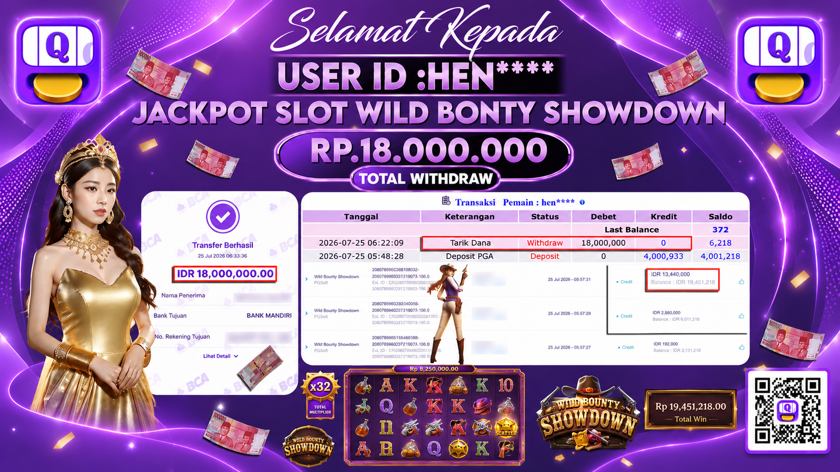 Bukti Pembayaran Jackpot SLOT WILD BONTY SHOWDOWN ID:HEN****LUNAS