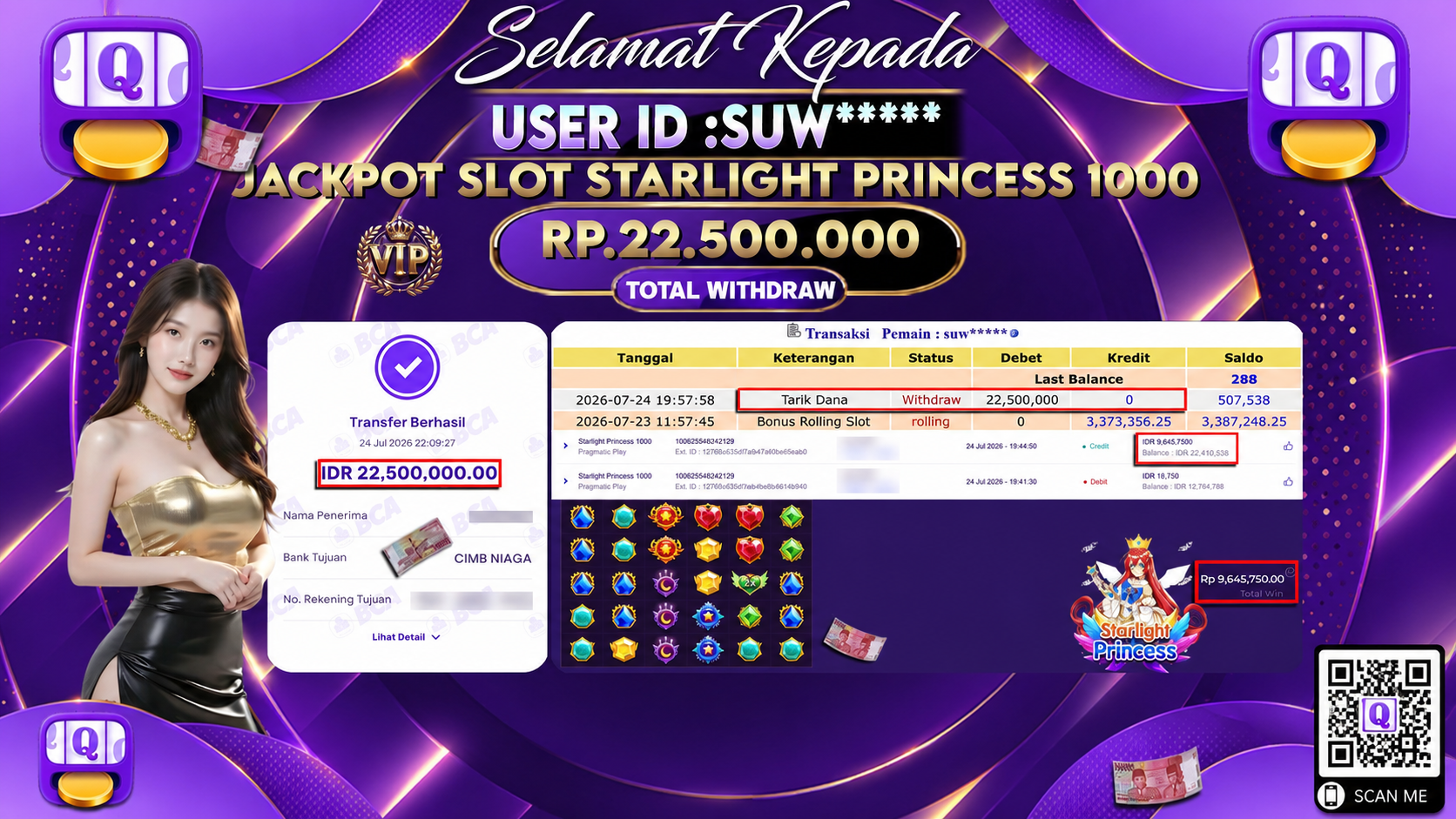 Bukti Pembayaran Jackpot SLOT STARLIGHT PRINCESS 1000 ID:SUW****LUNAS