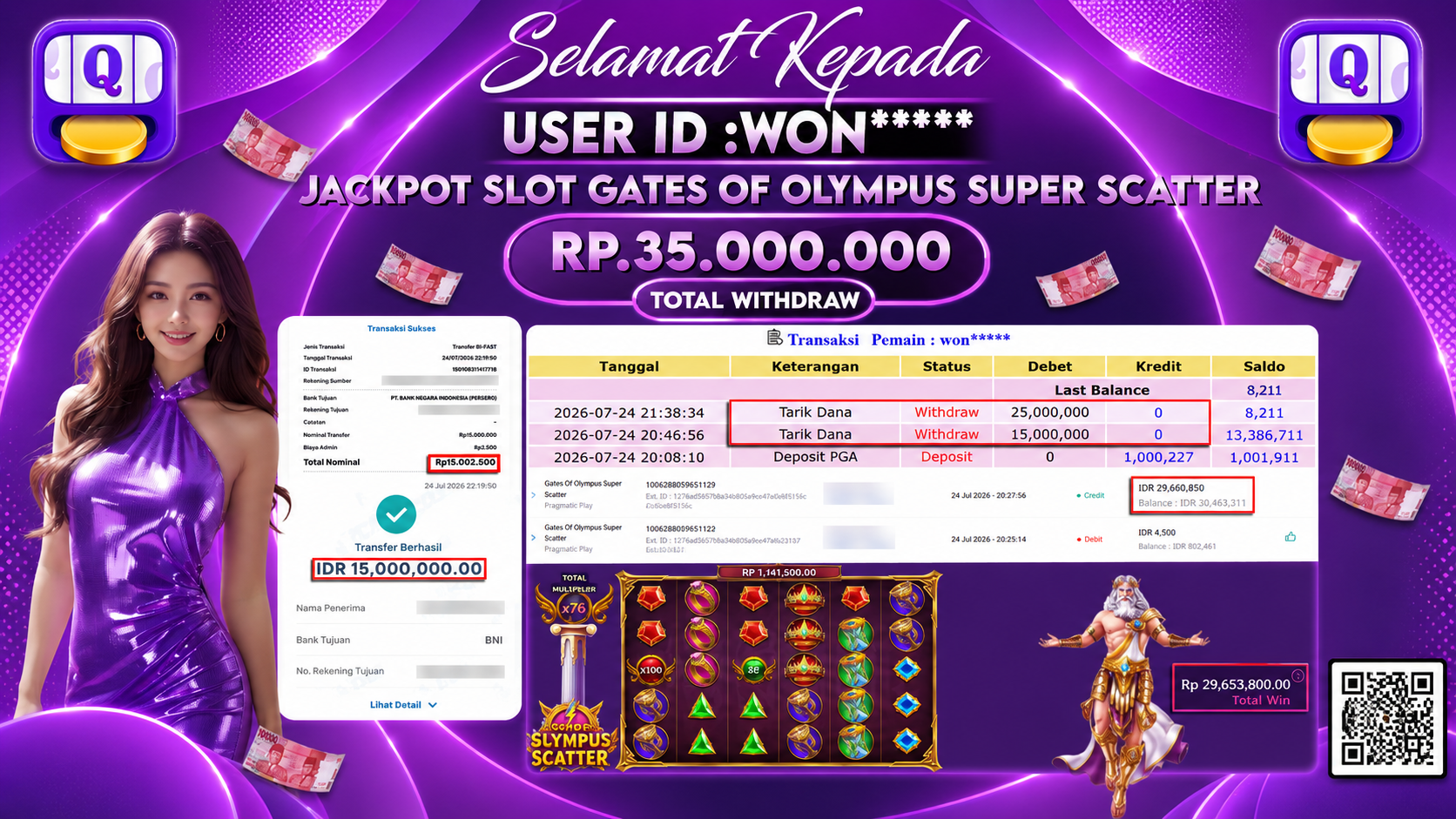 Bukti Pembayaran Jackpot SLOT GATES OF OLYMPUS SUPER SCATTER ID:WON****LUNAS