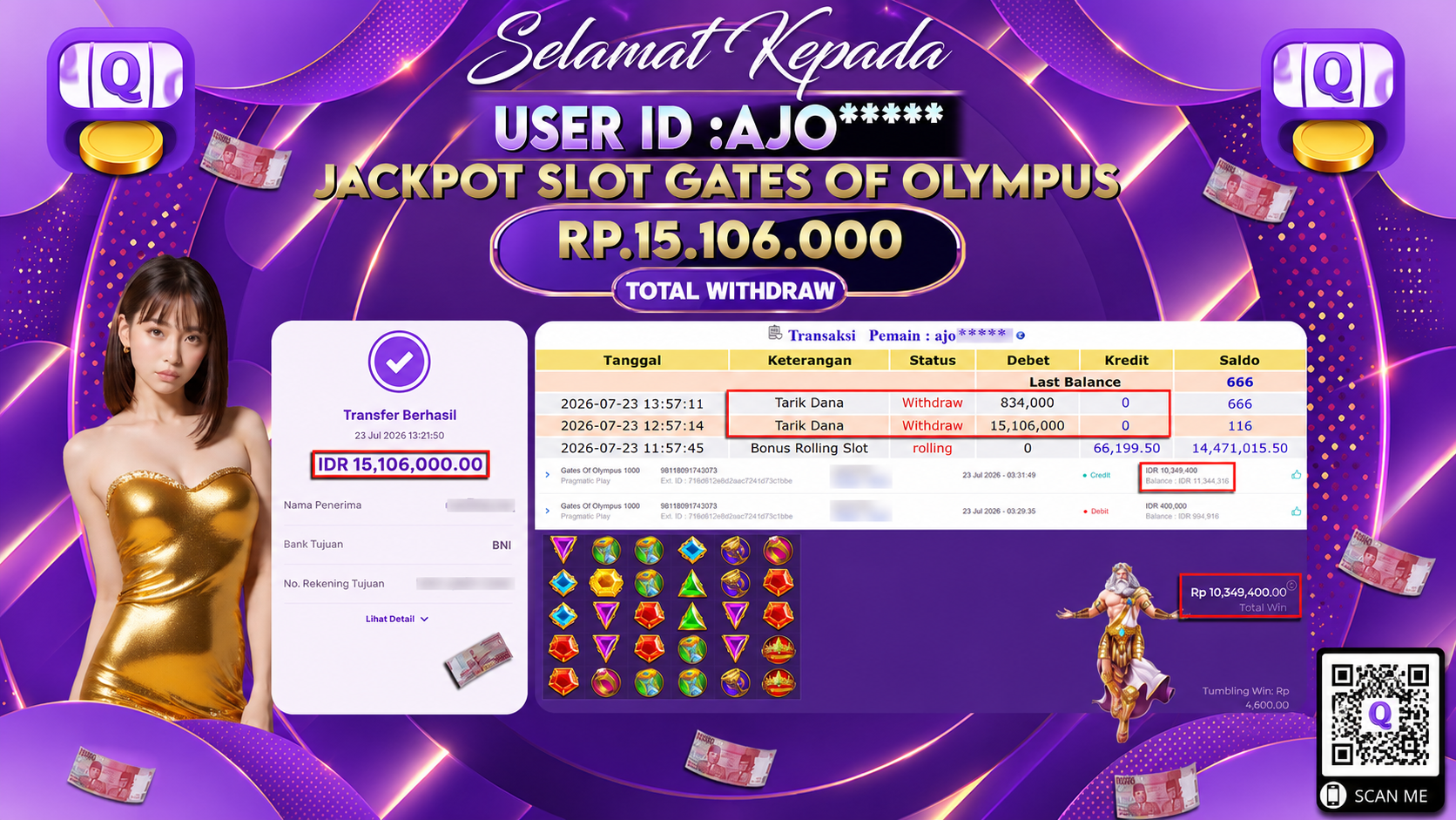Bukti Pembayaran Jackpot SLOT GATES OF OLYMPUS ID:YOU****LUNAS
