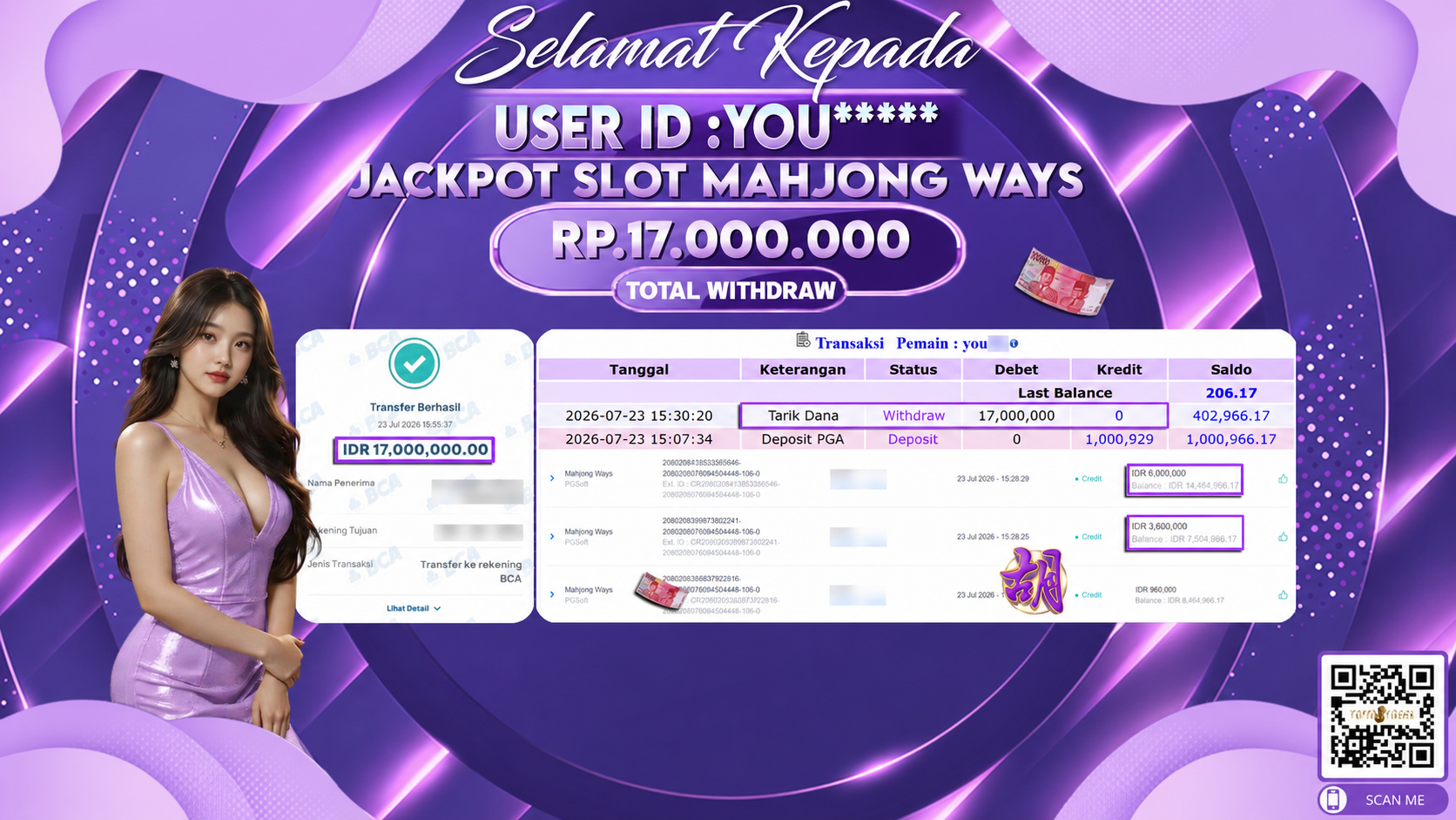 Bukti Pembayaran Jackpot SLOT MAHJONG WAYS ID:YOU****LUNAS
